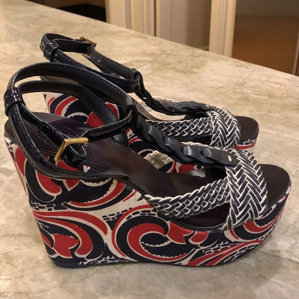Tory Burch wedge sandals- navy and red design- 7.5